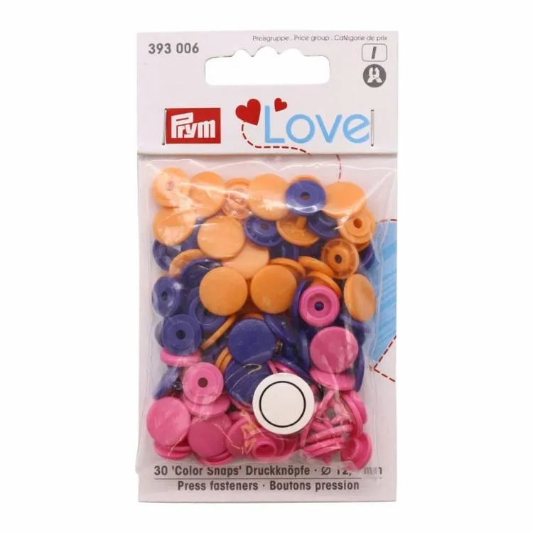 Kнопки Color Snaps PrymLove, оранж./розовый/фиол цв., 12мм, 30шт Prym