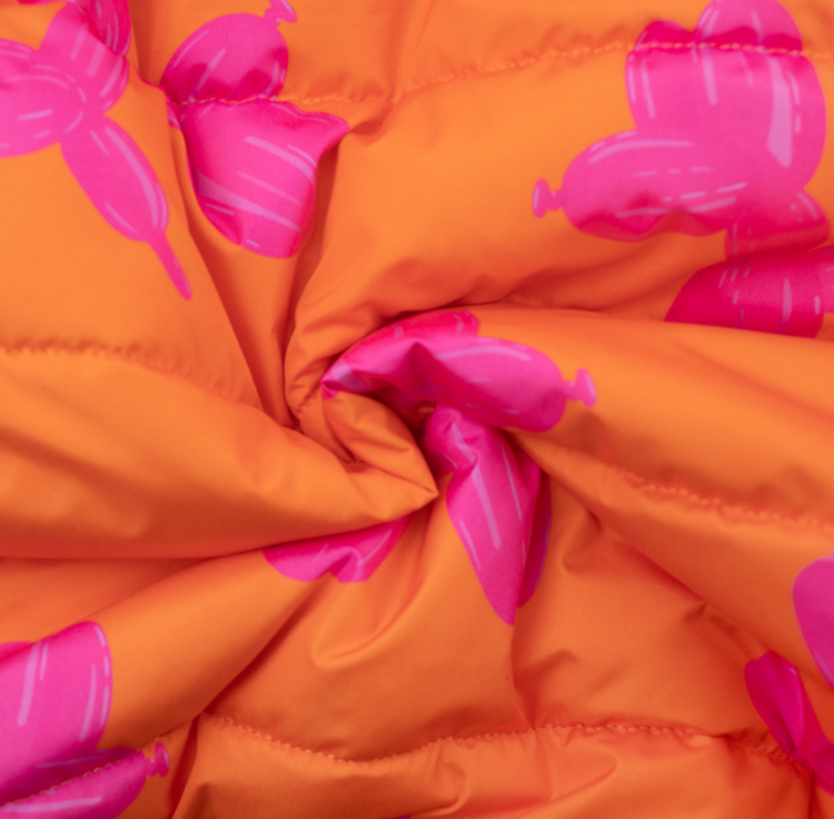 Ткань курточная стёганная арт.836336 собаки шарики на оранжевом